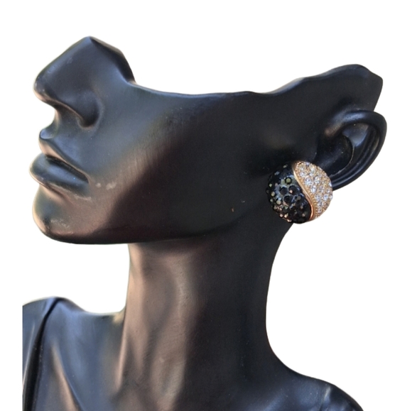 Vintage Roman Collection Domed Rhinestone Earrings – Black & Gold 80s Glam - Picture 2 of 6